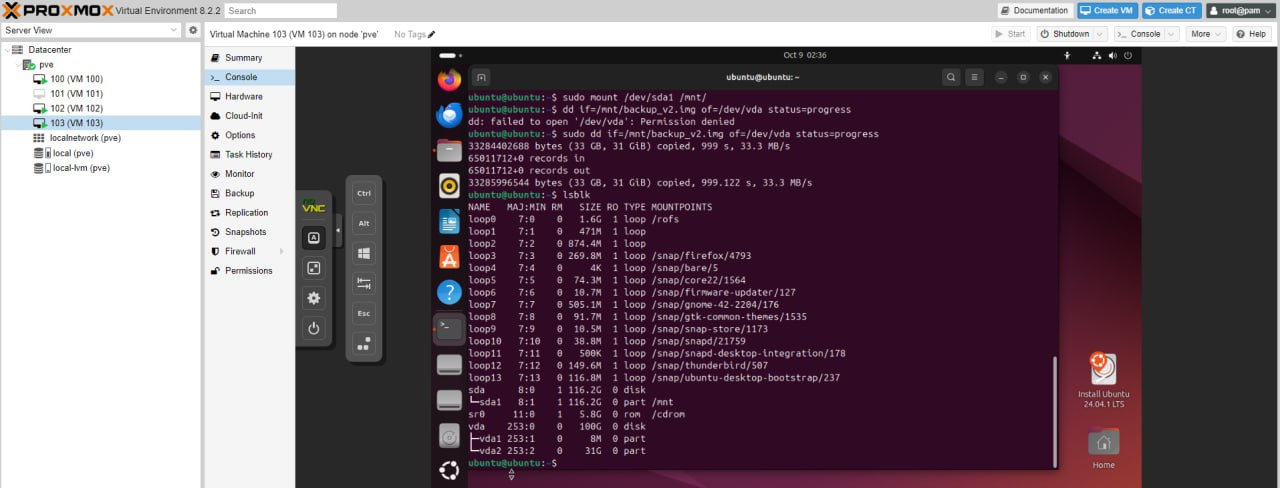 Скриншот Proxmox Virtual Environment 8.2.2 — консоль VM 103 (node 'pve'). В терминале Ubuntu выполняются команды: sudo mount /dev/sda1 /mnt/; sudo dd if=/mnt/backup_v2.img of=/dev/vda status=progress — первый запуск без sudo даёт ошибку «dd: failed to open /dev/vda: Permission denied»; повторный с sudo завершается успехом: 33 ГБ скопировано за 999 с (33,3 МБ/с). Вывод lsblk: loop0–loop13 (snap-пакеты), sda 116,2G с разделом sda1, sr0 5,8G (cdrom), vda 253G с разделами vda1 и vda2.