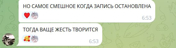 📋 Скриншот Telegram-чата. Два сообщения (6:53): «НО САМОЕ СМЕШНОЕ КОГДА ЗАПИСЬ ОСТАНОВЛЕНА ❤️🐱🐱» и «ТОГДА ВАЩЕ ЖЕСТЬ ТВОРИТСЯ 🇪🇸🇪🇸».