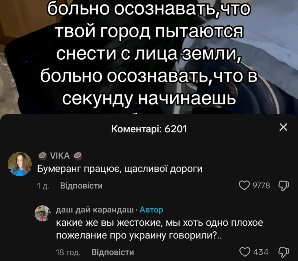 📋 Скриншот TikTok-видео с комментариями (6201 комментарий). Текст видео: «больно осознавать, что твой город пытаются снести с лица земли, больно осознавать, что в секунду начинаешь...». Комментарий пользователя VIKA (украиноязычный): «Бумеранг працює, щасливої дороги» — 9778 лайков. Ответ автора «даш дай карандаш»: «какие же вы жестокие, мы хоть одно плохое пожелание про украину говорили?..» — 434 лайка.
