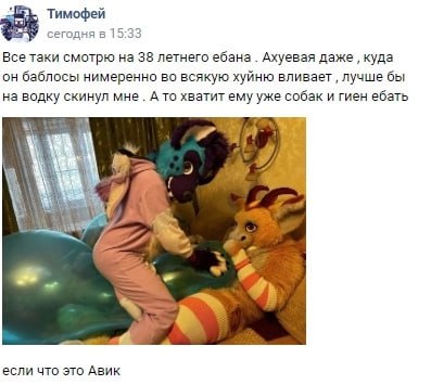 📋 Скриншот ВК-поста «Тимофей» (сегодня в 15:33): «Все таки смотрю на 38 летнего ебана. Ахуевая даже, куда он баблосы нимеренно во всякую хуйню вливает, лучше бы на водку скинул мне. А то хватит ему уже собак и гиен ебать». На фото — человек в синем фурри-костюме (дракон) с плюшевой игрушкой-гиеной. Подпись: «если что это Авик».