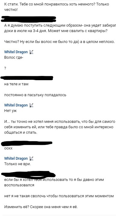 📋 Скриншот личной переписки (имена скрыты). Диалог: собеседник спрашивает понравилось ли WhitelDragon'у с ним, обсуждает что подруга уедет на 3–4 дня в июле и предлагает «свалить с квартиры». WhitelDragon уточняет насчёт волос и спрашивает не хотел ли собеседник его использовать чтобы изменить своей партнёрше. Собеседник отвечает: «если бы я хотел тебя использовать то я бы давно этим воспользовался».
