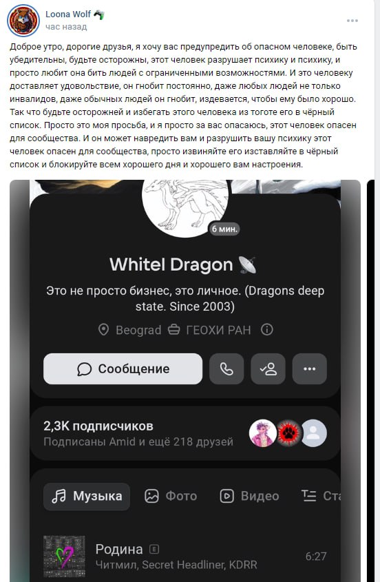📋 Скриншот ВКонтакте-поста «Loona Wolf» (час назад). Текст: «Доброе утро, дорогие друзья, я хочу вас предупредить об опасном человеке [...] этот человек разрушает психику и психику, и просто любит она бить людей с ограниченными возможностями [...] будьте осторожны и избегайте этого человека из тоготе его в чёрный список [...]». Скриншот профиля WhitelDragon: «Это не просто бизнес, это личное. (Dragons deep state. Since 2003)», Beograd, ГЕОХИ РАН, 2,3К подписчиков.