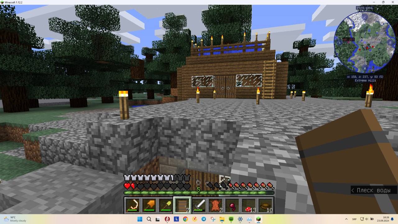 Скриншот Minecraft 1.12.2 (день). Деревянный дом с синим баннером над входом, вокруг каменная площадка и факелы. На карте в углу видна территория сервера.