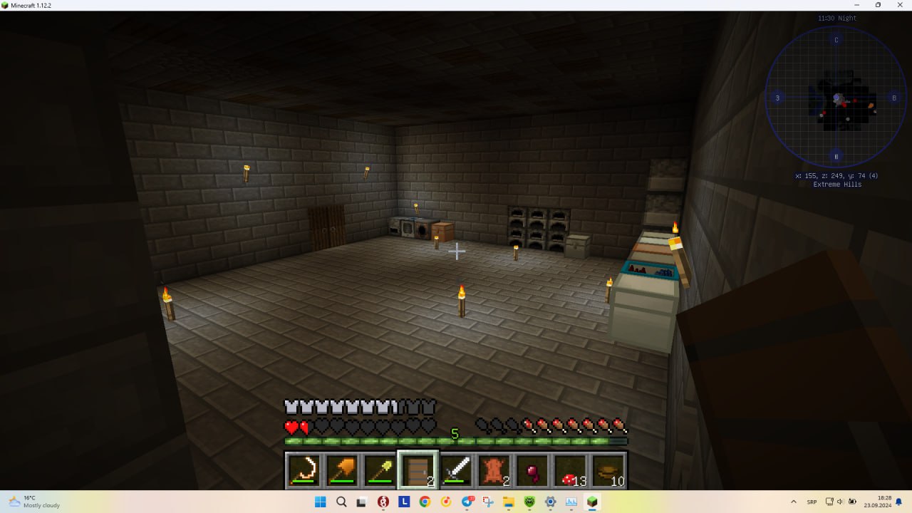 Скриншот Minecraft 1.12.2 (подземный интерьер, 18:20). Просторная комната из каменных плит с факелами, сундуками и верстаком. Координаты x=205, z=249, y=74, биом Extreme Hills.