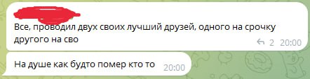 📋 Скриншот Telegram-переписки (имя скрыто красным). Сообщение в 20:00: «Все, проводил двух своих лучший друзей, одного на срочку другого на сво». Ответ в 20:00: «На душе как будто помер кто то».