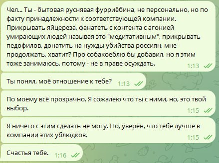 📋 Скриншот Telegram-переписки. Сообщения WhitelDragon: «Чел... Ты - бытовая руснявая фурриёбина, не персонально, но по факту принадлежности к соответствующей компании. Прикрывать яйцереза, фанатеть с контента с агонией умирающих людей называя это "медитативным", прикрывать педофилов, донатить на нужды убийства россиян, мне продолжать, хватит? Про собакоебие бы добавил, но я этим тоже занимаюсь, потому - не в праве осуждать.» (1:13). «Ты понял, моё отношение к тебе?» (1:13). «По моему всё прозрачно. Я сожалею что ты с ними, но, это твой выбор.» (1:15). «Я ничего с этим сделать не могу. Но, уверен, что тебе лучше в компании этих ублюдков.» (1:15). «Счастья тебе.» (1:16).