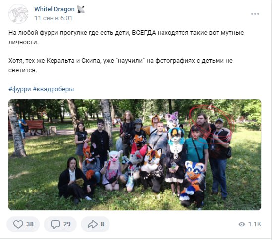 📋 Скриншот ВК-поста WhitelDragon (11 сен в 6:01): «На любой фурри прогулке где есть дети, ВСЕГДА находятся такие вот мутные личности. Хотя, тех же Керальта и Скипа, уже "научили" на фотографиях с детьми не светится.» #фурри #квадроберы. Фото: группа ~15 человек в парке, часть в фурсьютах (лисы, кот, другие). 38 лайков, 29 комментариев, 1.1К просмотров.