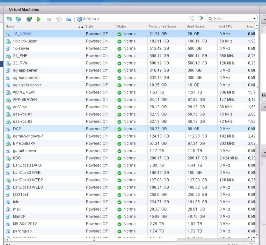 Скриншот VMware vSphere: список Virtual Machines администрации Твери. Показано ~28 VM: 1B_NONX (Powered Off, 21.21 GB), 1c-bitrix-uksm, 1c-server, 21_PHP, 23_RVM, ag-app-server, ag-server, APP-SERVER, AIS MZ.NEW, ArcView, das-vpc-01/02, demo-windows-7, EP Kontrakde, garant-fadc, KSC, LanDocs3 DATA/WEB/WEB2/WEB3, LD3Test, mail, MonCP, MS SQL 2012, parking-ap и другие. Всего 49 объектов.