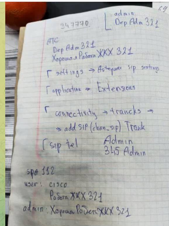 Фото тетрадного листа в клетку с рукописными записями паролей. Вверху: «347770», «admin» / «DepAdm 321». Ниже: «АТС — DepAdm321, Хорошая Работа ХХХ 321». Инструкция настройки Asterisk: settings → Asterisk sip settings, application → Extensions, connectivity → trunks → add SIP (chan_sip) Trunk. «sip tel — Admin, 345 Admin». «spa 112, user: cisco, Работа ХХХ 321, admin: Хорошая Работа ХХХ 321».
