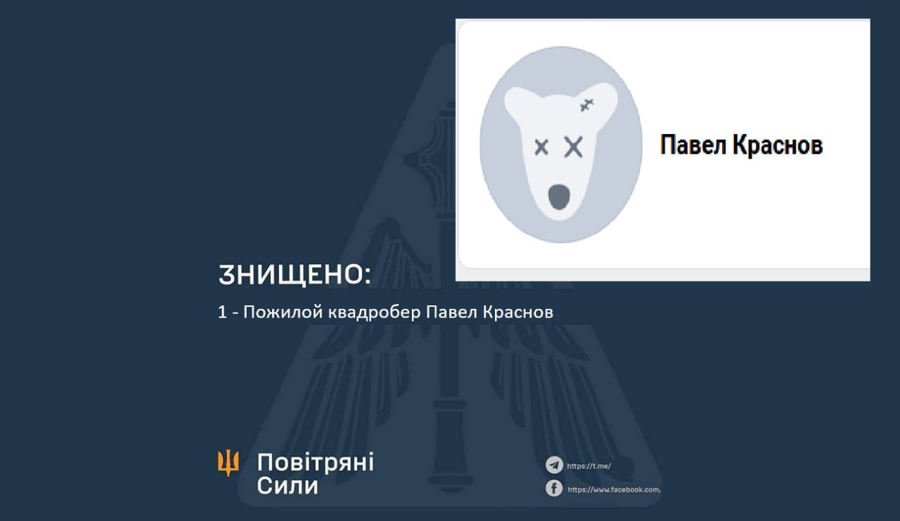 Инфокарточка в стиле официальных сводок Повітряних сил України (тёмно-синий фон, трезубец). Справа — вставка с иконкой мёртвого медведя (глаза крестиком) и текстом «Павел Краснов». Слева: «ЗНИЩЕНО: 1 — Пожилой квадробер Павел Краснов». Внизу логотип «Повітряні Сили» и ссылки на Telegram и Facebook.