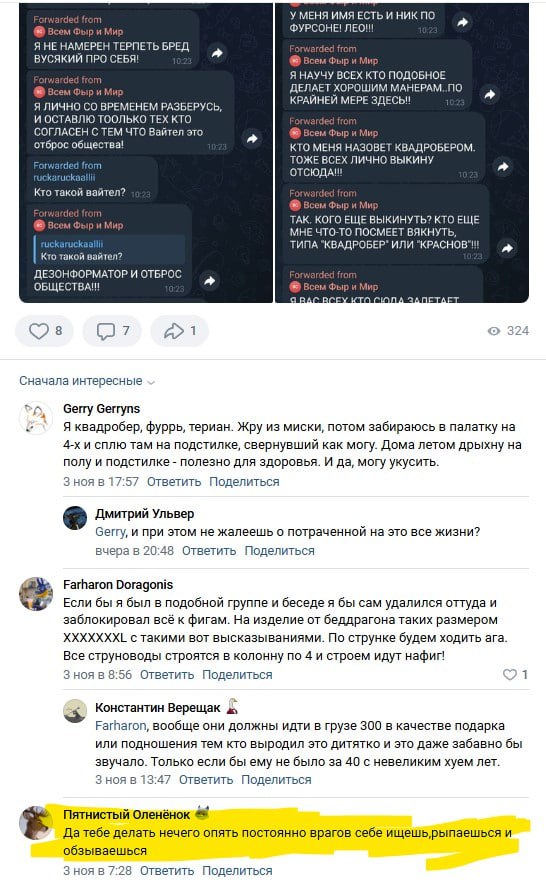 Скрин ВКонтакте-поста с форвардами из «Stone Shop & Mag»: автор пишет «Я не намерен терпеть бред Вусини про себя», «лично меняем разберусь и оставлю только тех кто согласен». Комментарии: Gerry Geryns о фурри, Дмитрий Ульвер, Farharon Dargonins, Пятнистый Оленёнок. 324 просмотра.
