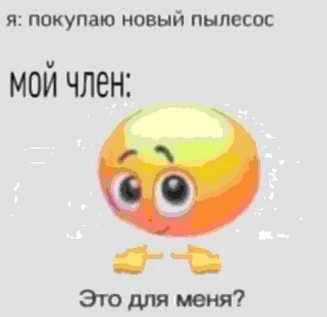 Мем на светло-сером фоне. Текст: «я: покупаю новый пылесос». Ниже крупно: «МОЙ ЧЛЕН:». Ниже — оранжево-жёлтый смайлик-колобок с большими глазами и улыбкой, с жестом «указывает на себя обоими пальцами». Снизу: «Это для меня?»