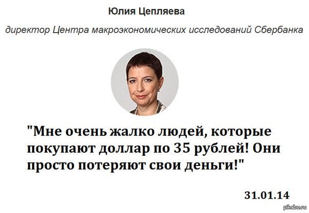 Скриншот с Pikabu (pikabu.ru). Заголовок: «Юлия Цепляева, директор Центра макроэкономических исследований Сбербанка». Фото: женщина средних лет. Цитата: «"Мне очень жалко людей, которые покупают доллар по 35 рублей! Они просто потеряют свои деньги!"». Дата: 31.01.14.