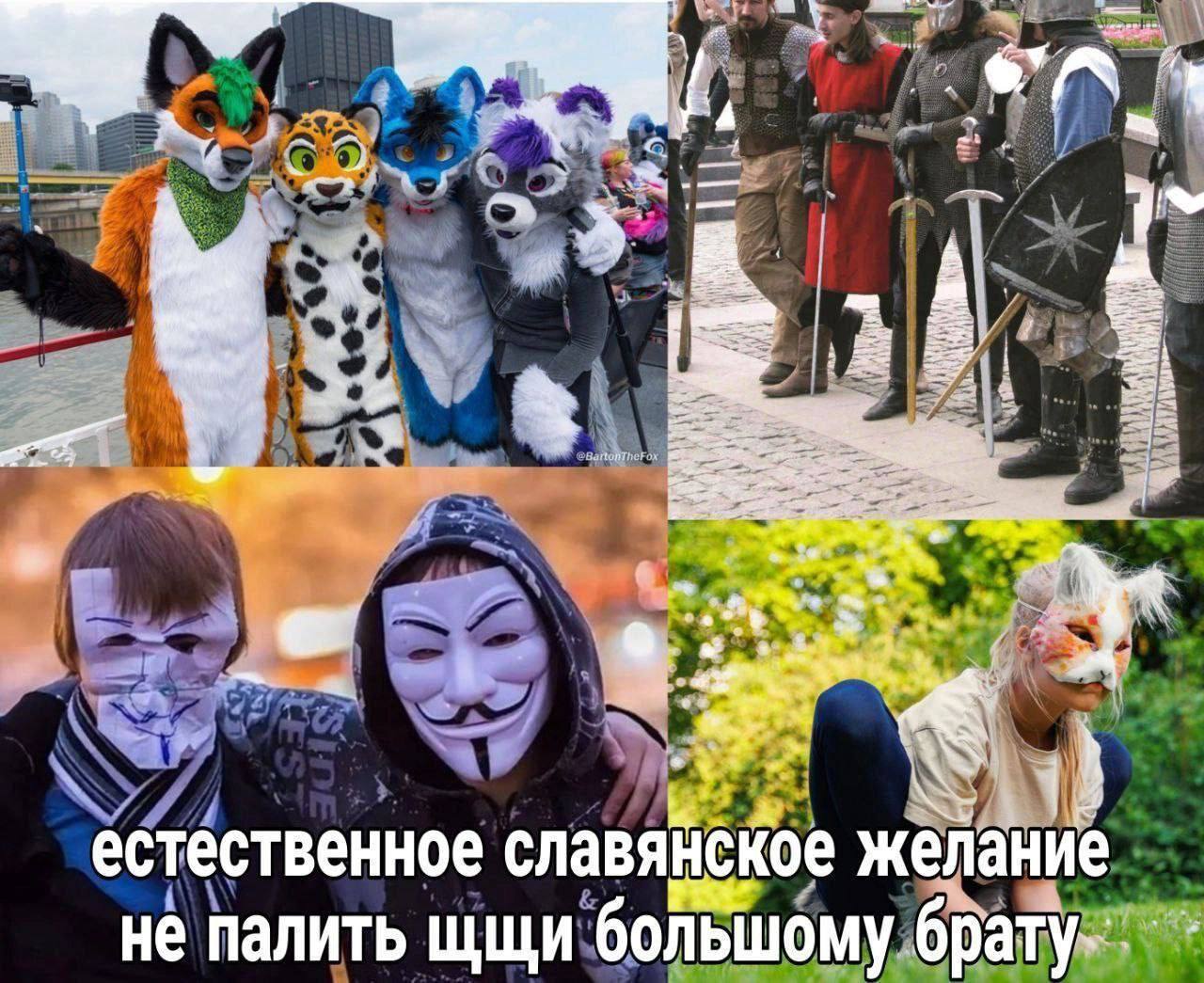 Мем-коллаж из четырёх фото: фурри в ярких костюмах (лиса, тигр, волк) на мероприятии; люди в средневековых доспехах с мечами (реконструкция); двое в белых масках Гая Фокса; человек в светлом парике. Внизу надпись: «естественное славянское желание не палить щщи большому брату».