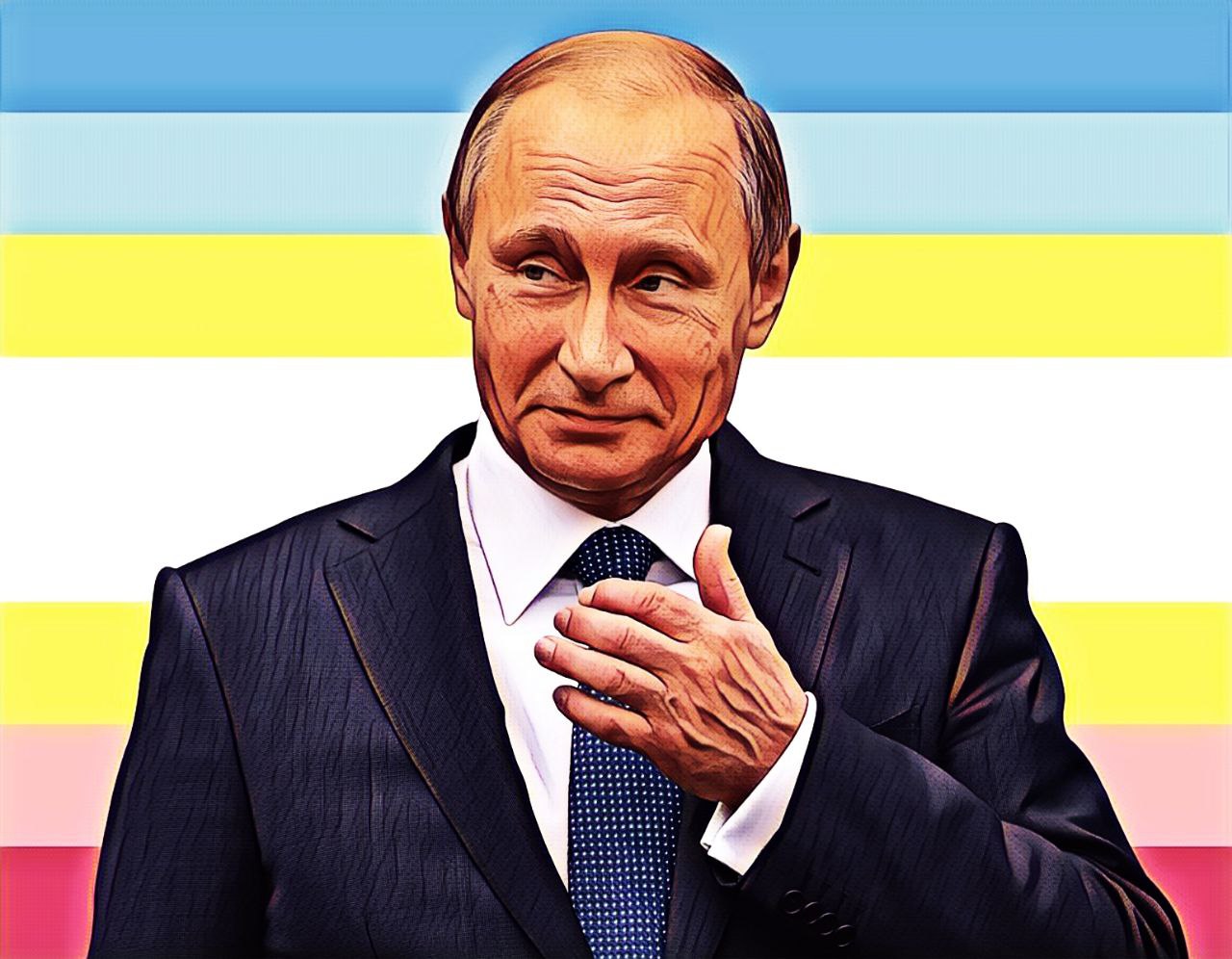 Цифровой портрет Путина в костюме, на фоне полос трансгендерного флага (голубой, розовый, белый, розовый, голубой). Руки сложены у груди.