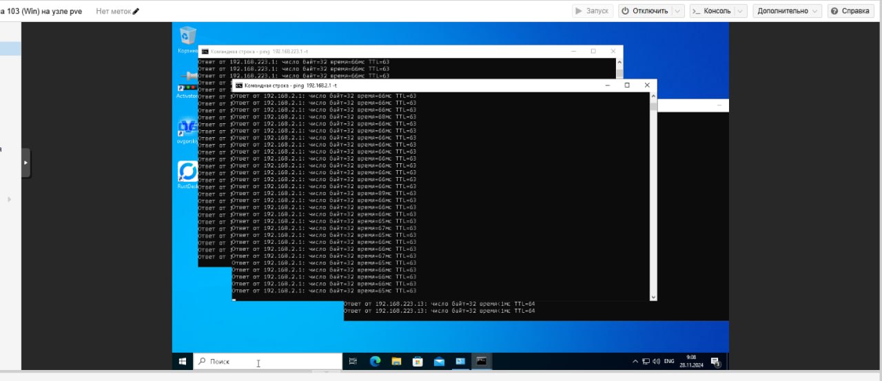 Скриншот Proxmox-консоли виртуальной машины «103 (Win) на узле pve». На Windows-рабочем столе два открытых окна командной строки с командой ping: одно пингует 192.168.223.1, другое — 192.168.2.1; оба получают ответы (число байт=32, время ~65–66мс, TTL=63–64). Время 9:08, дата 28.11.2024.