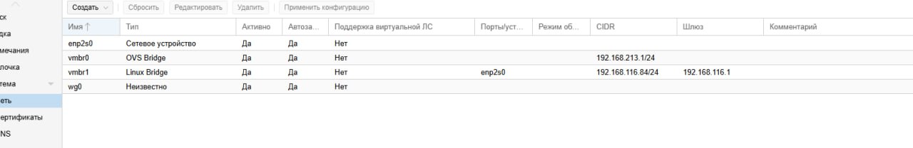 Скриншот таблицы сетевых интерфейсов в веб-интерфейсе Proxmox. Четыре записи: enp2s0 (Сетевое устройство, активно, автозапуск); vmbr0 (OVS Bridge, активно, автозапуск, CIDR 192.168.213.1/24); vmbr1 (Linux Bridge, активно, автозапуск, порт enp2s0, CIDR 192.168.116.84/24, шлюз 192.168.116.1); wg0 (Неизвестно, активно, автозапуск).