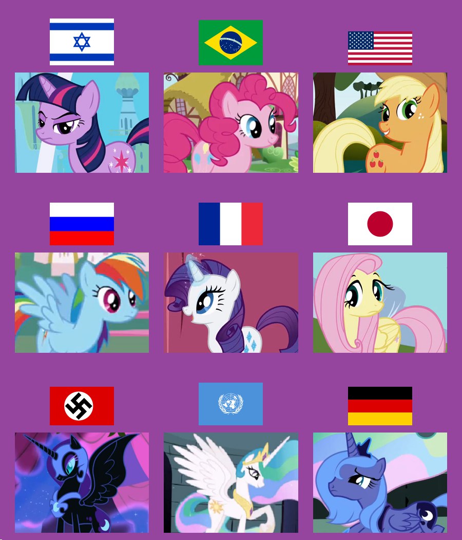 Коллаж на фиолетовом фоне из 12 ячеек с персонажами My Little Pony, у каждого — флаг страны. Ряд 1: Израиль (Твайлайт Спаркл), Бразилия (Пинки Пай), США (Эплджек). Ряд 2: Россия (Радуга Дэш), Франция (Рарити), Япония (Флаттершай). Ряд 3: флаг нацистской Германии со свастикой (принцесса Луна в чёрных доспехах), ООН (белая принцесса), Германия (принцесса Луна).