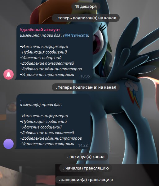 Скриншот журнала Telegram-канала на фоне 3D-рендера Радуги Дэш (My Little Pony). Дата: 19 декабря. Записи: «. теперь подписан(а) на канал». «Удалённый аккаунт изменил(а) права для . (@ATservice18): +Изменение информации, +Публикация сообщений, +Удаление сообщений, +Добавление пользователей, +Добавление администраторов, +Управление трансляциями» (10:35). «. теперь подписан(а) на канал». «. изменил(а) права для .: +Изменение информации, +Публикация сообщений, +Удаление сообщений, +Добавление пользователей, +Добавление администраторов, +Управление трансляциями» (14:38). «. покинул(а) канал». «. начал(а) трансляцию». «. завершил(а) трансляцию».