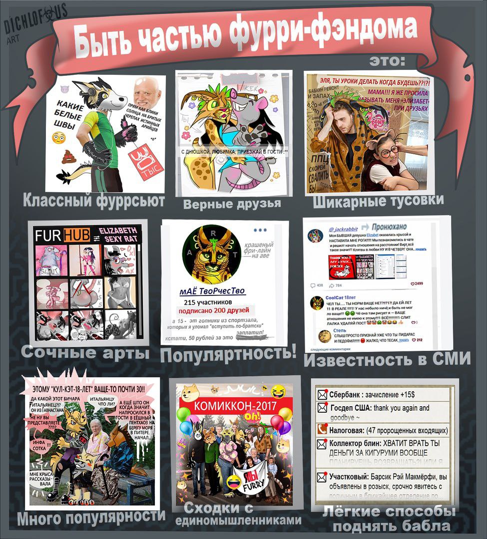 Коллаж-плакат с заголовком «Быть частью фурри-фэндома — это:» (пометка «ДЕМОТИВАТОР»). Девять ячеек с фотографиями и подписями: «Классный фурсьют» (фурри в ярком костюме), «Верные друзья» (группа людей с фурри-элементами), «Шикарные тусы» (фото тусовки), «Сочные арты» (иллюстрация фурри), «Популярность» (мем с кружком — «как-то так»), «Известность в СМИ» (скриншот публикации), «Много популярности» (плакат комикон 2017), «Скидки с одинаковыми людьми» (групповое фото), «Лёгкие способы поднять бабла» (скриншот с донатами).