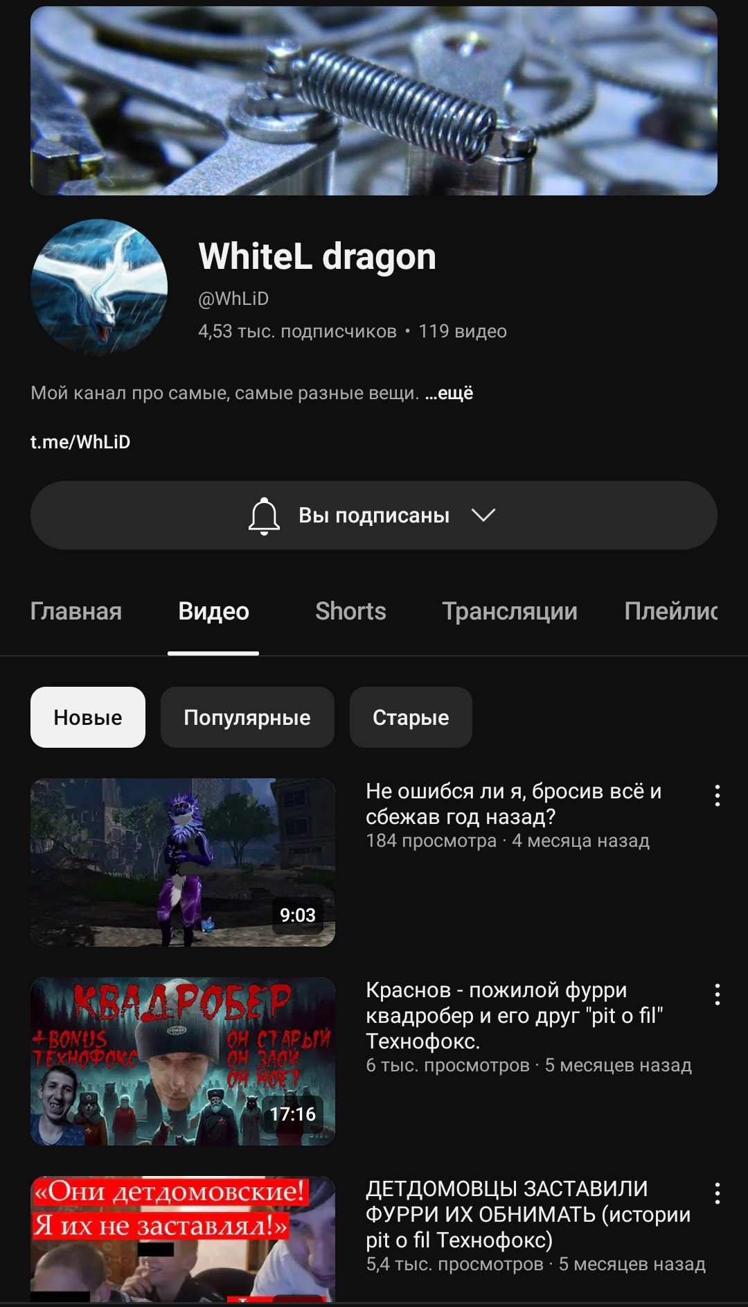 Скриншот мобильной версии YouTube-канала «WhiteL dragon» (@WhLID). 4,53 тыс. подписчиков, 119 видео. Описание: «Мой канал про самые, самые разные вещи…ещё». Ссылка t.me/WhLID. Вкладка «Видео», фильтр «Новые». Видно три видео: «Не ошибся ли я, бросив всё и сбежав год назад?» (9:03, 184 просмотра, 4 месяца назад); «Краснов — пожилой фурри квадробер и его друг "pit o fil" Технофокс» (17:16, 6 тыс. просмотров, 5 месяцев назад); «"Они детдомовские! Я их не заставлял" ДЕТДОМОВЦЫ ЗАСТАВИЛИ ФУРРИ ИХ ОБНИМАТЬ (история pit o fil Технофокс)» (5/4 тыс. просмотров, 5 месяцев назад).