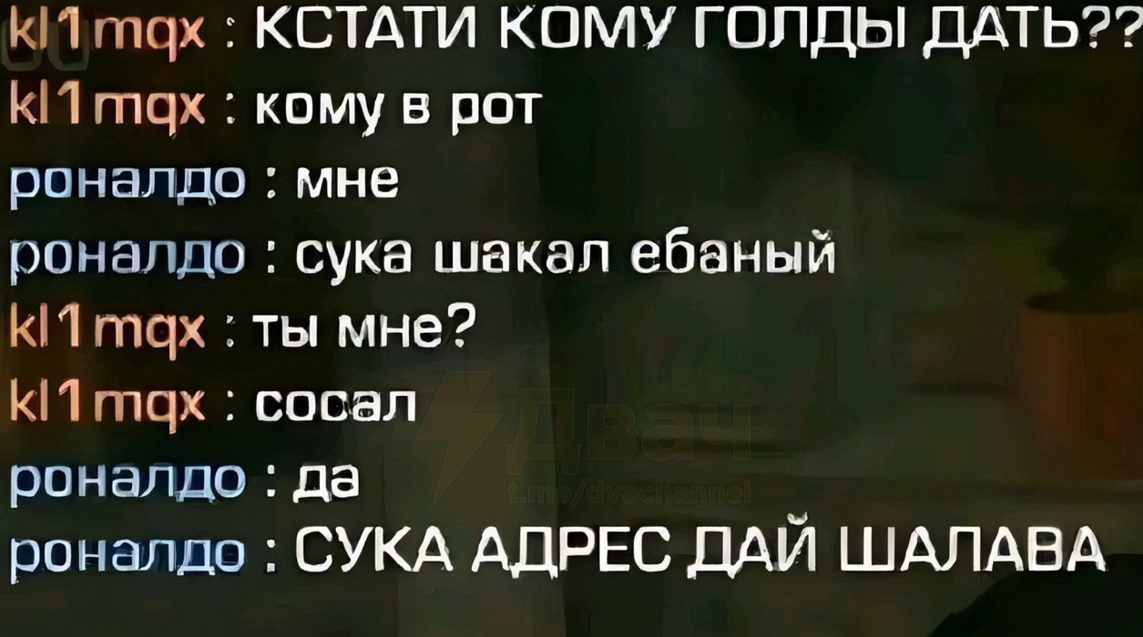Скриншот игрового чата: kl1mqx пишет «КСТАТИ КОМУ ГОЛДЫ ДАТЬ??», «кому в рот»; роналдо: «мне», «сука шакал ебаный»; kl1mqx: «ты мне?», «сосал»; роналдо: «да», «СУКА АДРЕС ДАЙ ШАЛАВА».