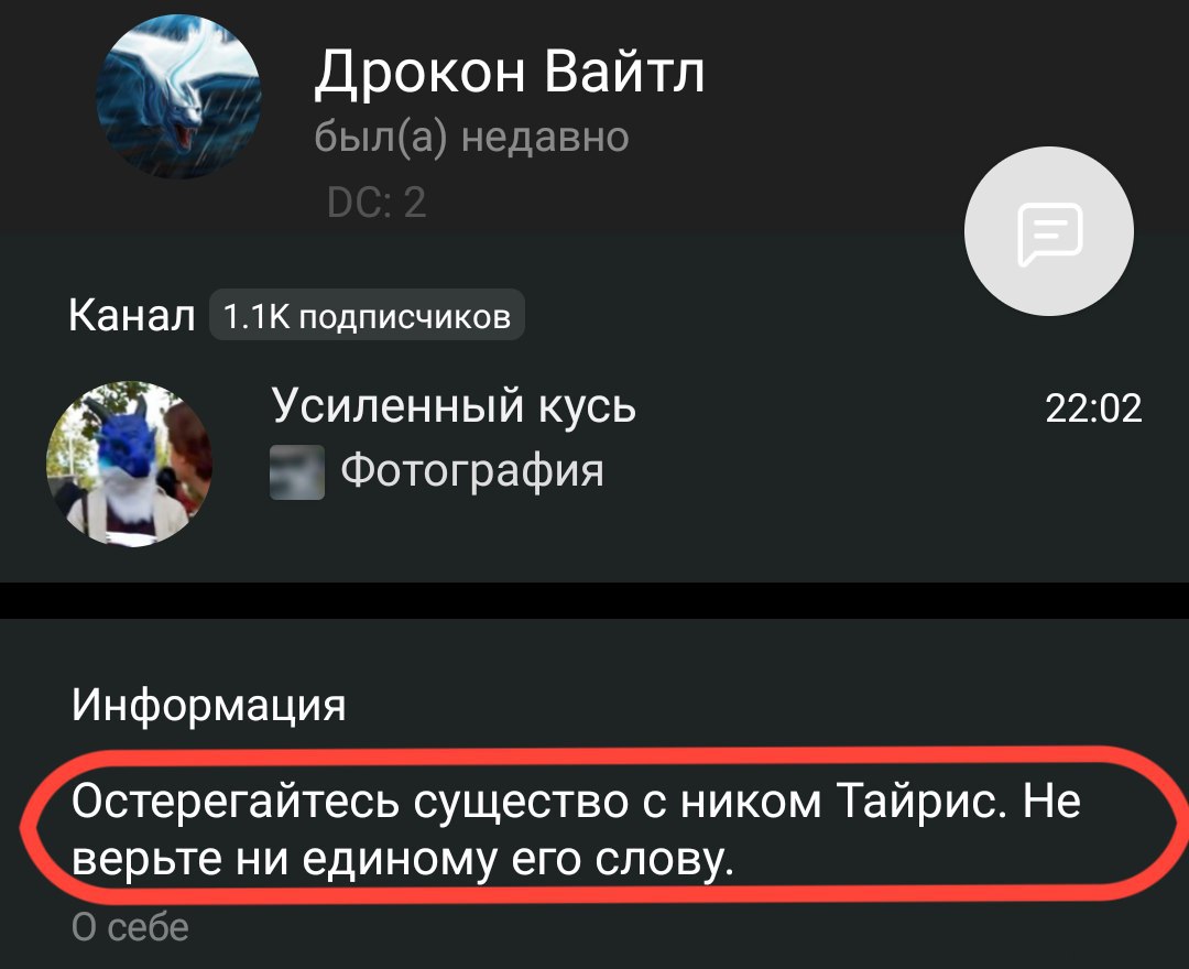 Скриншот профиля Telegram «Дрокон Вайтл» (был(а) недавно, DC: 2): 1.1К подписчиков, канал «Усиленный кусь». В разделе «Информация» выделено красным: «Остерегайтесь существо с ником Тайрис. Не верьте ни единому его слову.»