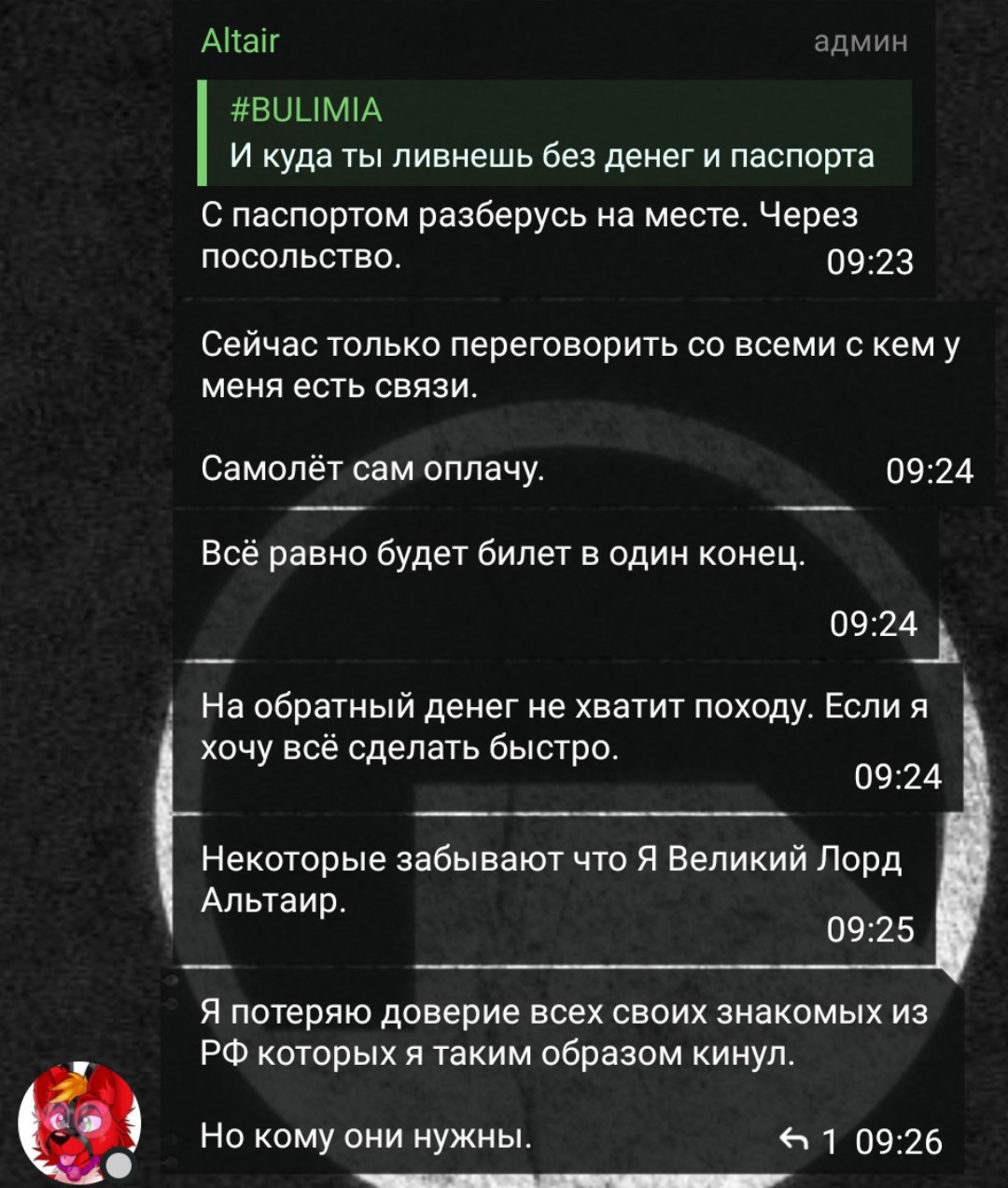 Скриншот чата Telegram: Altair (админ) — «С паспортом разберусь на месте. Через посольство.», «Самолёт сам оплачу.», «Всё равно будет билет в один конец», «На обратный денег не хватит», «Некоторые забывают что я Великий Лорд Альтаир», «Я потерял доверие всех своих знакомых из РФ».