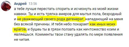 Скриншот VK: «Андрей» угрожает собеседнику — «тебя небо покарает как иных моих врагов», называет его «тряпкой амёров для мытья пола» и «дегенератом».