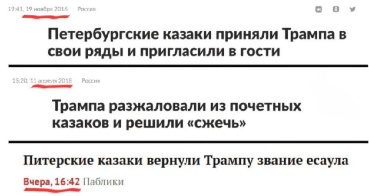 Три новостных заголовка на белом фоне: «Петербургские казаки приняли Трампа в свои ряды» (2016), «Трампа разжаловали из почетных казаков и решили «сжечь»» (2018), «Питерские казаки вернули Трампу звание есаула».