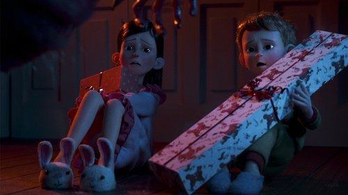 Кадр из тёмного 3D-анимационного фильма: девочка и мальчик сидят на полу в испуге, мальчик держит большую подарочную коробку в кровавых пятнах.
