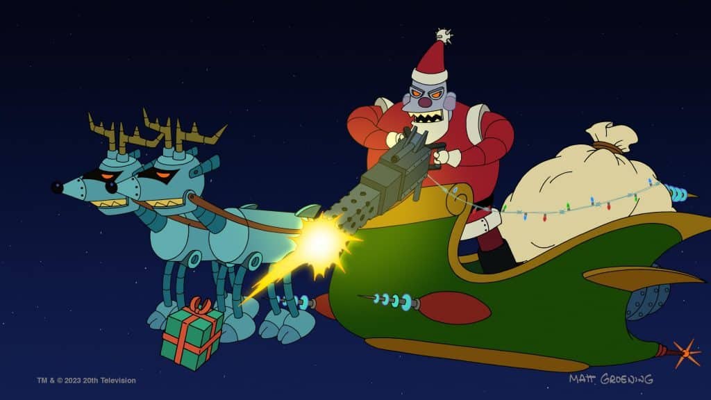 Арт из Futurama: злодейский Санта-робот на зелёных космических санях с двумя роботами-оленями, стреляет из пушки. Подпись: Matt Groening / TM & © 2023 20th Television.