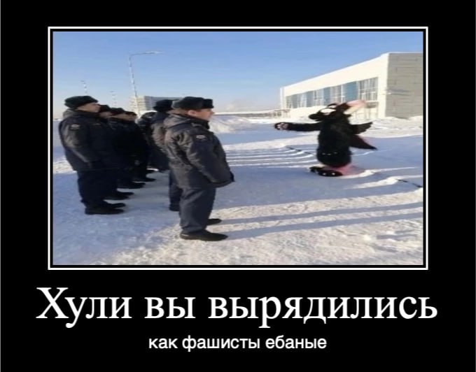 Демотиватор: шеренга сотрудников полиции в зимней форме на заснеженной площадке, один человек в штатском прыгает в стороне; подпись «Хули вы вырядились как фашисты ёбаные».