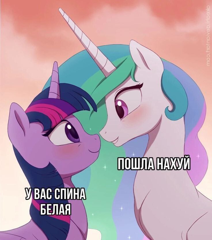 Мем из My Little Pony: Твайлайт Спаркл (фиолетовый единорог) говорит «У вас спина белая», Принцесса Селестия (белый аликорн) с ухмылкой отвечает «Пошла нахуй».