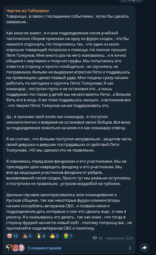 Скриншот Telegram-канала «Чертик из Табакерки»: длинный пост о конфликте на фурри-сходке — автор описывает провокации «Пети Толкунова», извиняется перед фендомом, 66 реакций, 5 комментариев.
