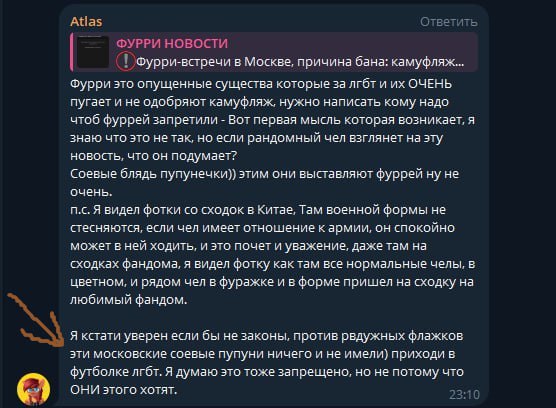 Скриншот Telegram: комментарий пользователя «Atlas» к посту «ФУРРИ НОВОСТИ» о запрете камуфляжа на фурри-встречах — он ссылается на опыт Китая, где военную форму носят спокойно.
