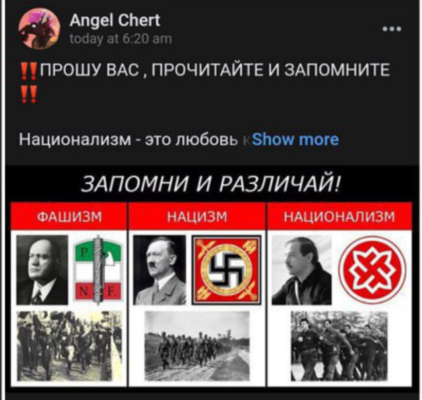 Скриншот поста «Angel Chert»: «Национализм — это любовь», инфографика «Запомни и различай!» с тремя колонками — фашизм, нацизм, национализм с соответствующими символами и фото.