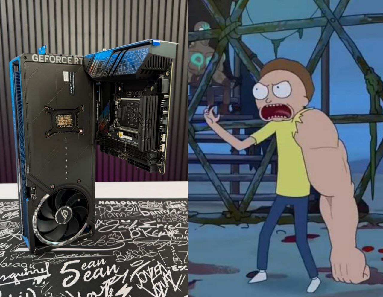 Коллаж: слева — геймерский ПК в открытом корпусе с логотипом GeForce RTX и граффити-надписями на боковой стенке; справа — кадр из мультсериала «Рик и Морти» с испуганным Морти с поднятыми руками.