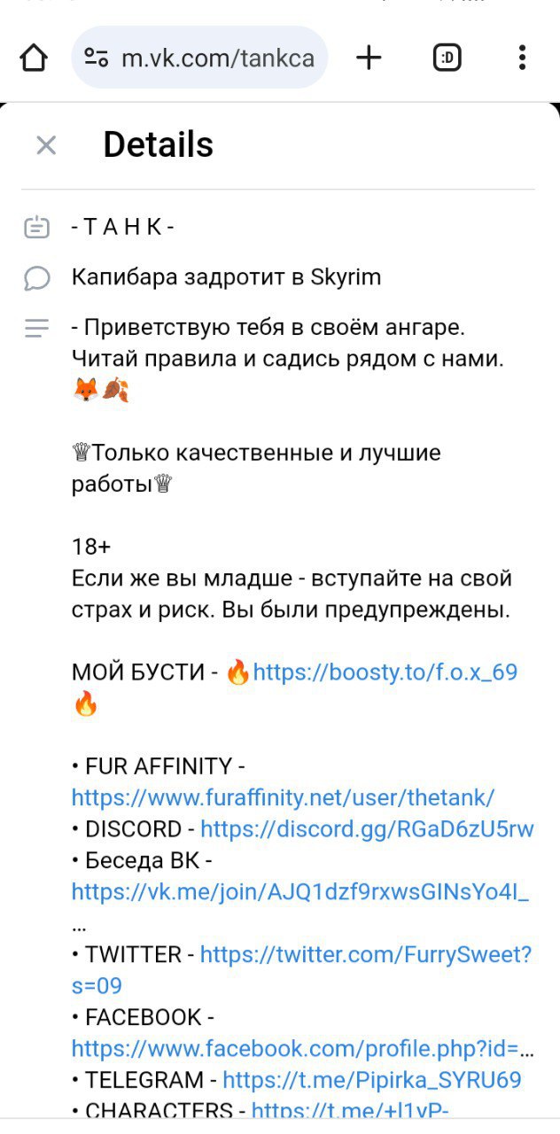 Мобильная страница m.vk.com/tankca, раздел Details: описание группы «-ТАНК-», ссылки на Boosty, FurAffinity, Discord, Twitter, Facebook, Telegram; пометка 18+.