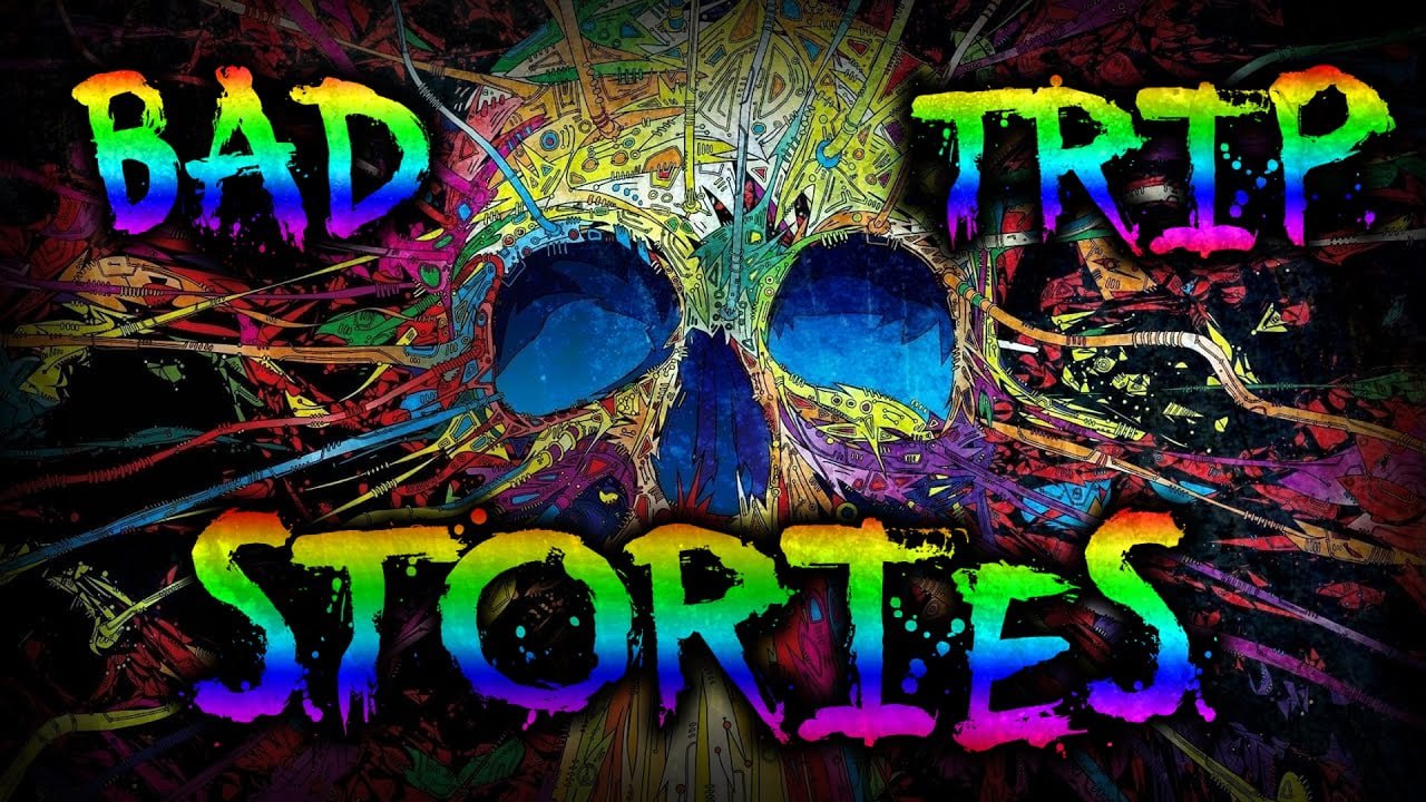 Постер «BAD TRIP STORIES»: психоделический арт с черепом в радужных цветах.