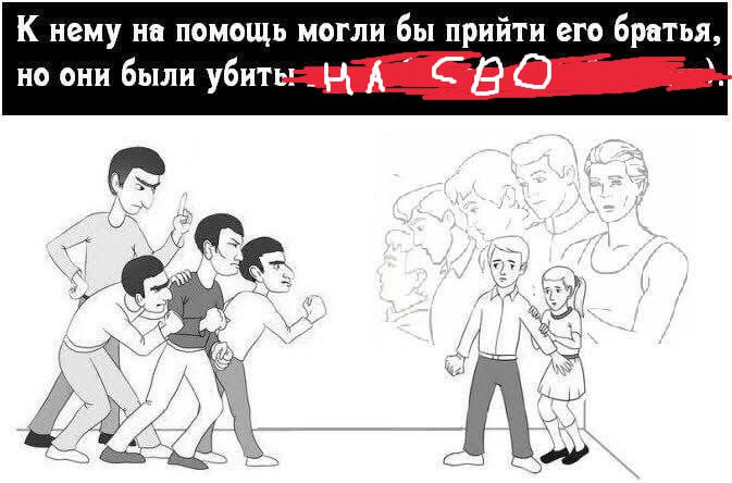 Мем: группа нападает на одного, рядом призраки родных, надпись «братья были убиты на СВО».