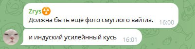 Скриншот Telegram-чата: «Должна быть ещё фото смуглого вайтла. и индусский усиленный кусь».