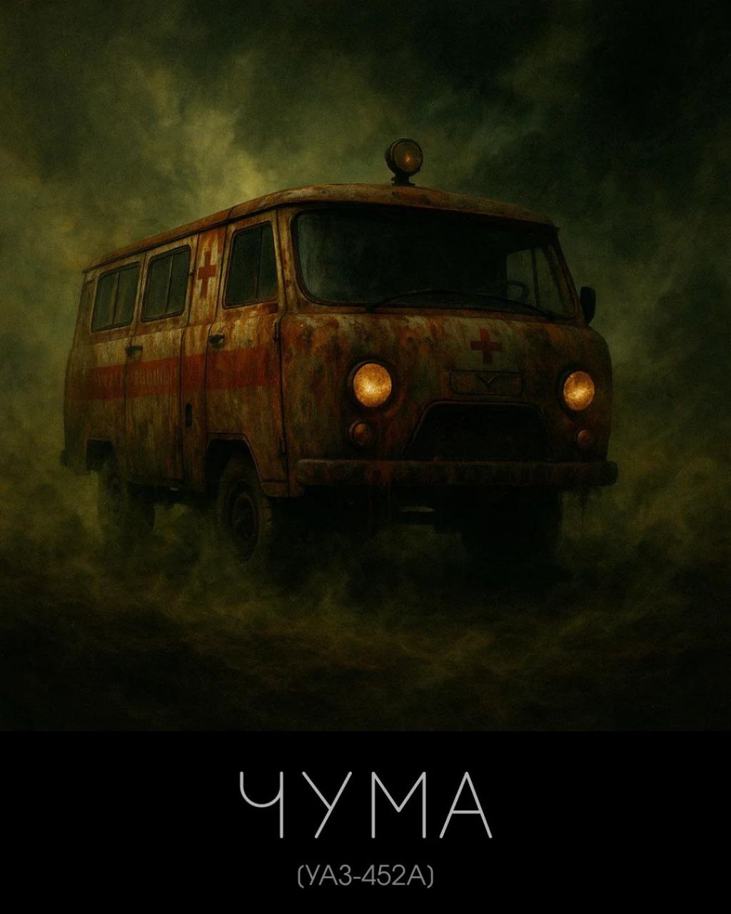 ИИ-арт: УАЗ-452А «ЧУМА» — ржавая скорая помощь в клубах тумана.