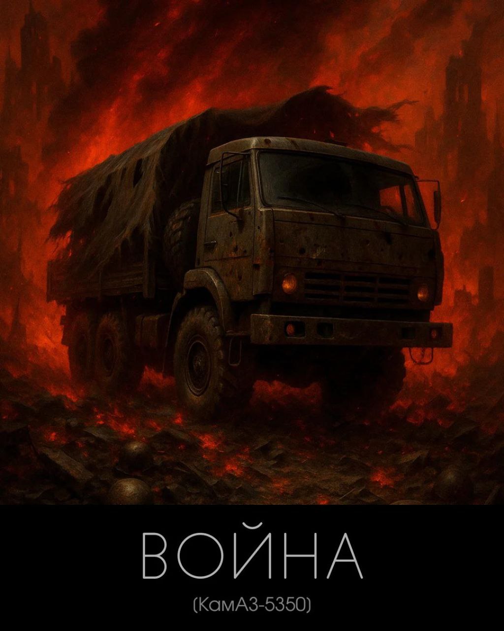 ИИ-арт: КамАЗ-5350 «ВОЙНА» — военный грузовик на фоне огня и руин.