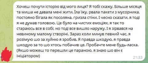 Скриншот Telegram-сообщения на украинском: признание в аффекте — убил мышь и раскаяние.