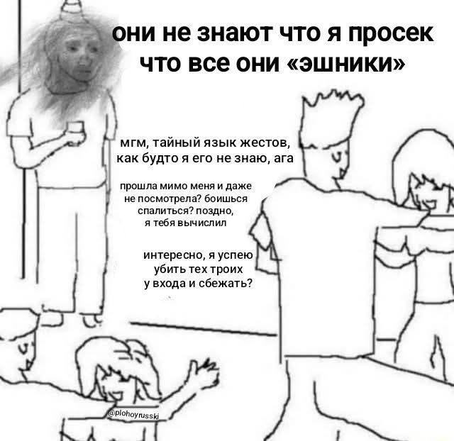 Мем: параноик в колпаке на вечеринке — «они не знают, что я просек, что все они эшники».