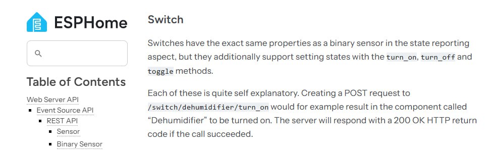 Документация ESPHome: Switch API — описание методов turn_on/off/toggle.
