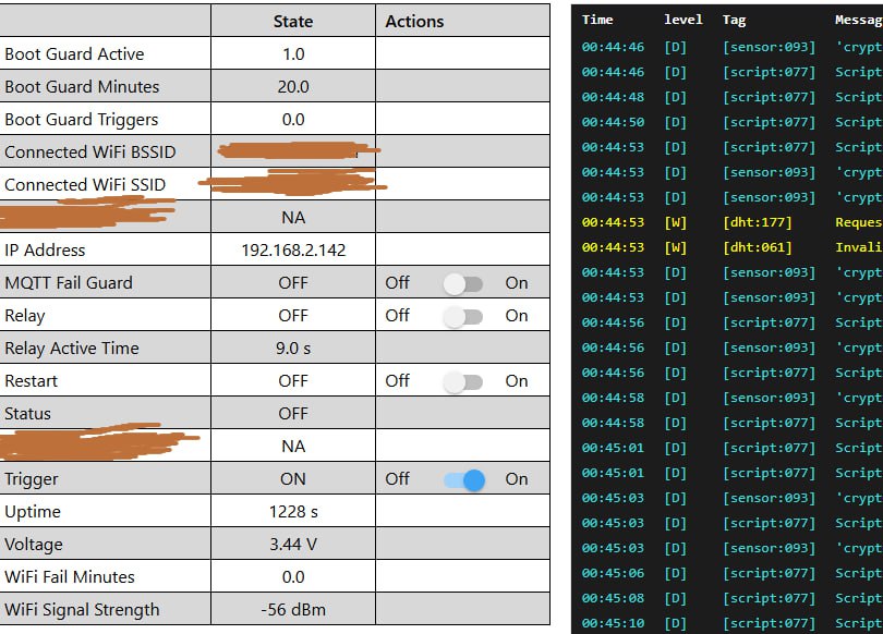 Веб-интерфейс ESPHome: таблица параметров устройства (реле, MQTT, WiFi).