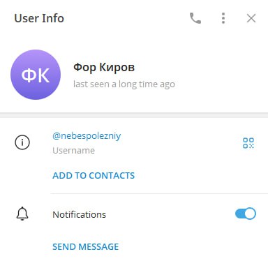 Профиль Telegram @nebespolezniy: имя «Фор Киров».