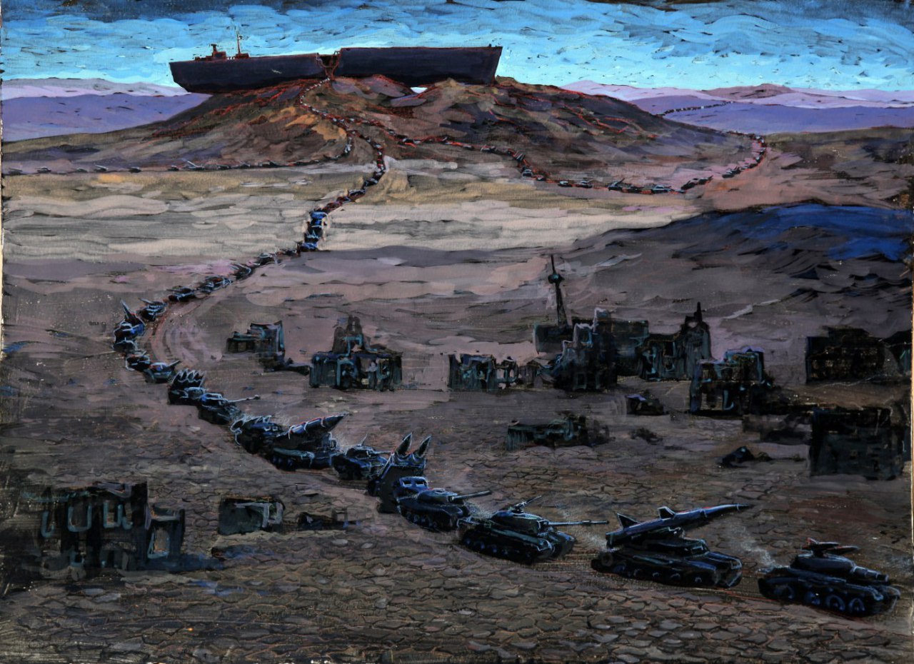 Картина Геннадия Зыкова «Русский ковчег» (1983): военная колонна движется по разрушённой земле к ковчегу на скале.